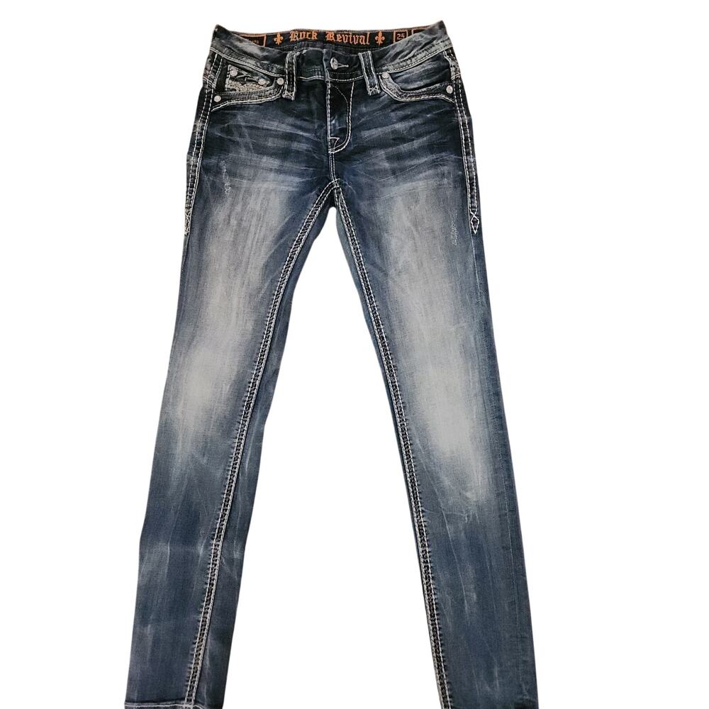 Rock Revival Womens Jeans Size 25 Distressed Rhinestone Fleur De Lis Dark Wash